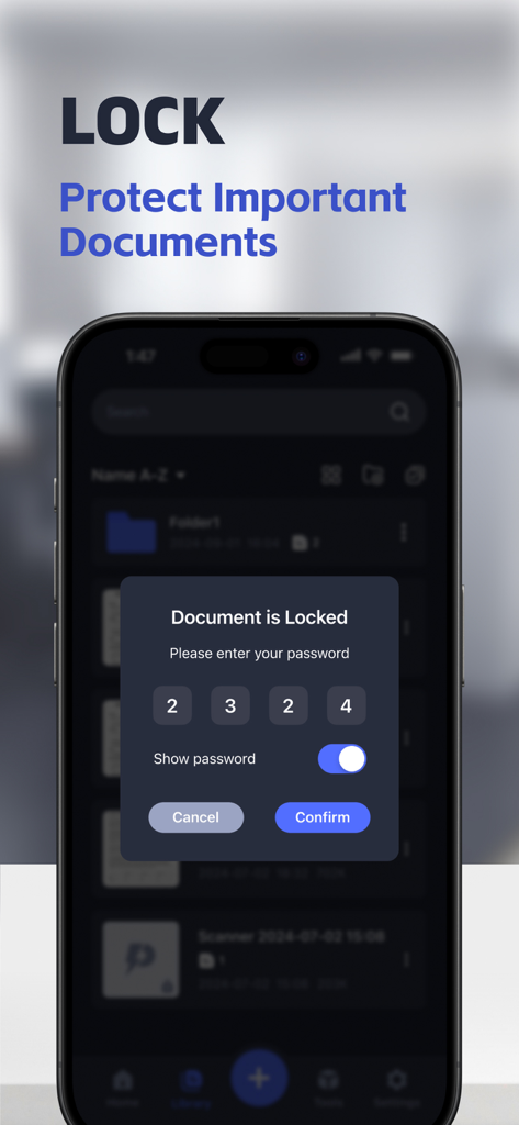 Power Scan-PDF Scanner - Interfaz de la aplicación Power Scan que muestra una pantalla de bloqueo con contraseña para proteger documentos privados