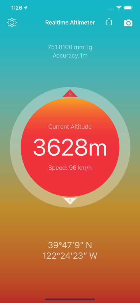 Interface of the Realtime Altimeter app showing altitude speed barometric pressure and GPS coordinates on a gradient background