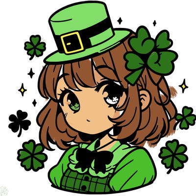 a manga-style girl with clovers around her, a little hat in her hair, like it's saint patrick's day