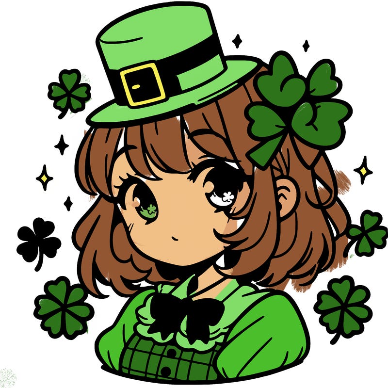 a manga-style girl with clovers around her, a little hat in her hair, like it's saint patrick's day
