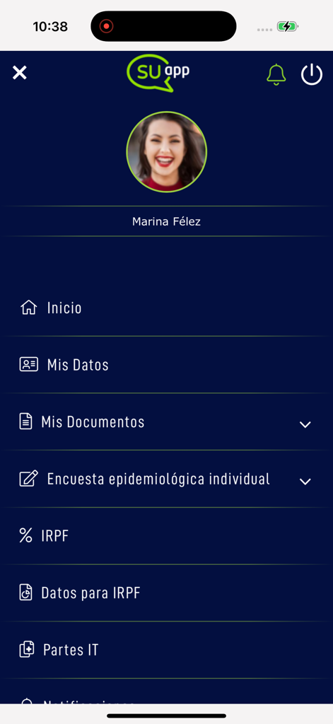 Suapp - Suapp mobile app navigation menu showing user profile for Marina Felez with options for documents and tax information