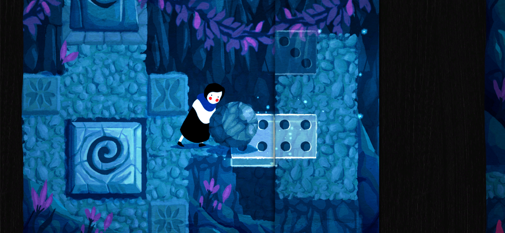Paige pushing a large boulder in a watercolor style cave level of Paper Trail