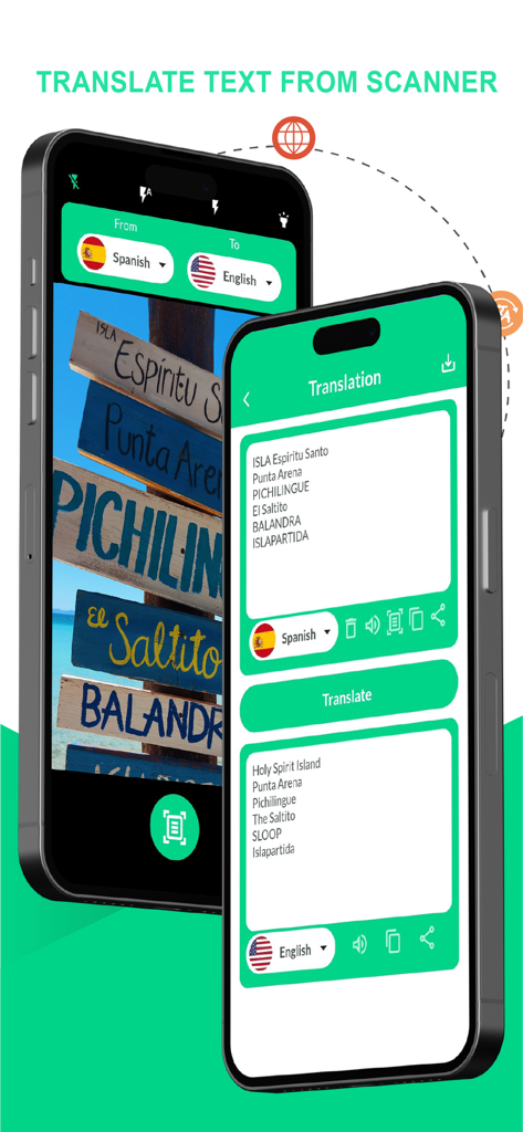 Two smartphones showing the scan and translate process from Spanish wooden signs to English text.