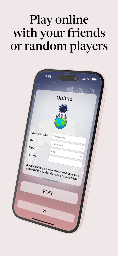 UniHub: Quiz & Trivia Quest - Online multiplayer mode setup screen in UniHub app featuring options for question type, bet amount, and time limit.