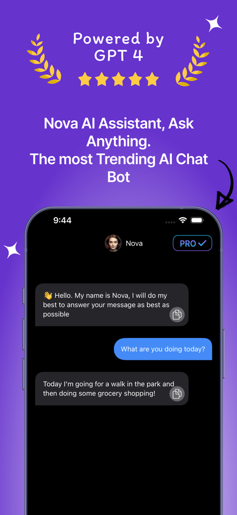 Nova: AI Chatbot Assistant - Interfaz del Asistente de Chatbot IA Nova potenciada por GPT 4 mostrando una conversación de chat amigable