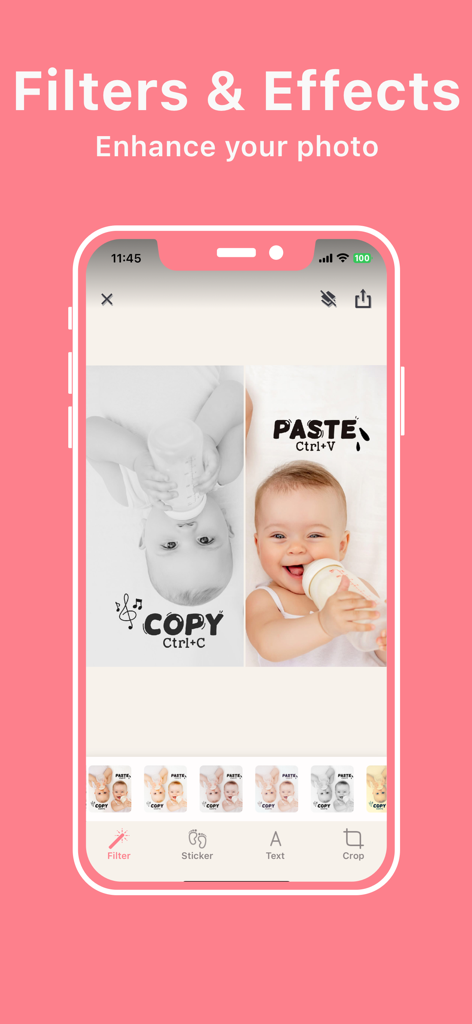 Baby Art: Baby Photo Editor - Captura de pantalla de la aplicación Baby Art mostrando la pantalla de edición de filtros y efectos con una foto de bebé y pegatinas creativas.