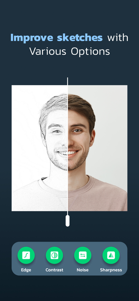 App interface demonstrating sketch filters for Edge Contrast Noise and Sharpness with a before and after portrait comparison