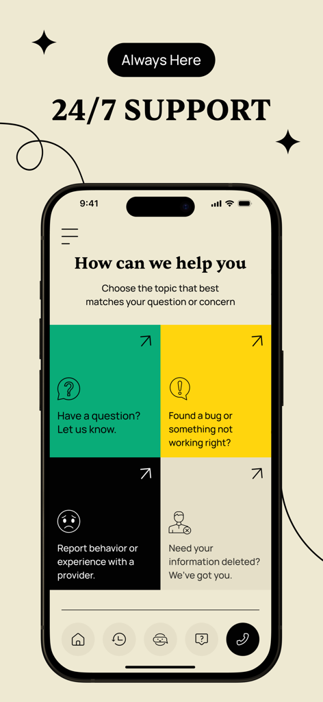 CactiFin mobile app support screen showing 24/7 help options and categories.