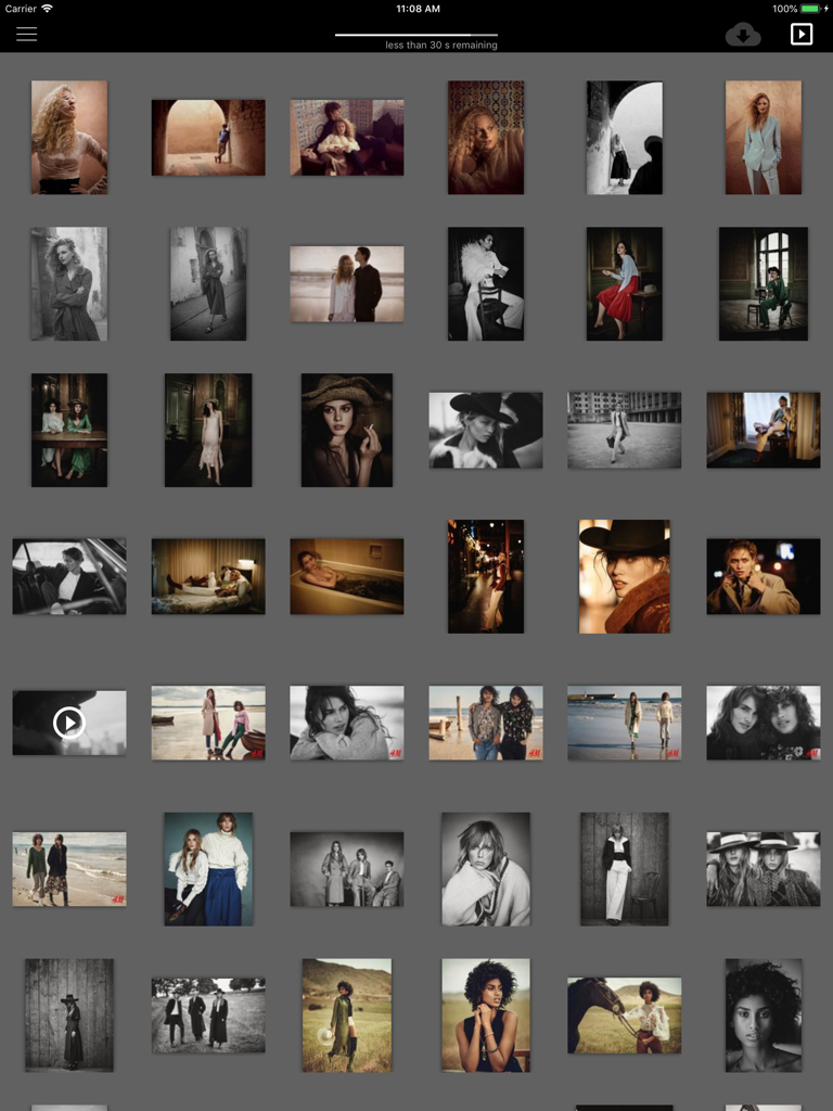 Ein Raster professioneller Foto- und Videogalerien in der Lookbooks Portfolio iPad-Anwendung