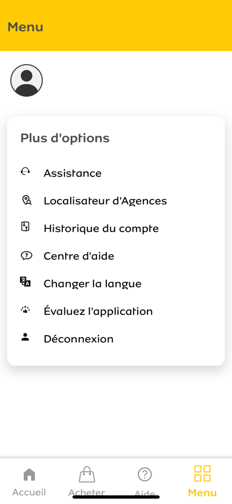 MyMTN BN - Pantalla del menú de la aplicación MyMTN Benin que muestra varias opciones de cuenta y servicios de soporte