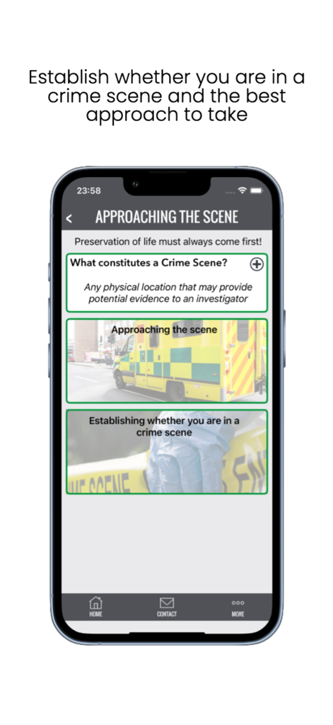 Crime Scene Assistant - Interfaz de la aplicación Asistente de Escena del Crimen que muestra protocolos para abordar una escena del crimen y definir qué constituye una escena