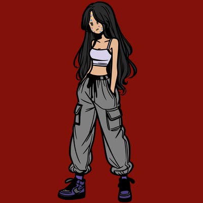 girl in baggy pants crop top and long hair