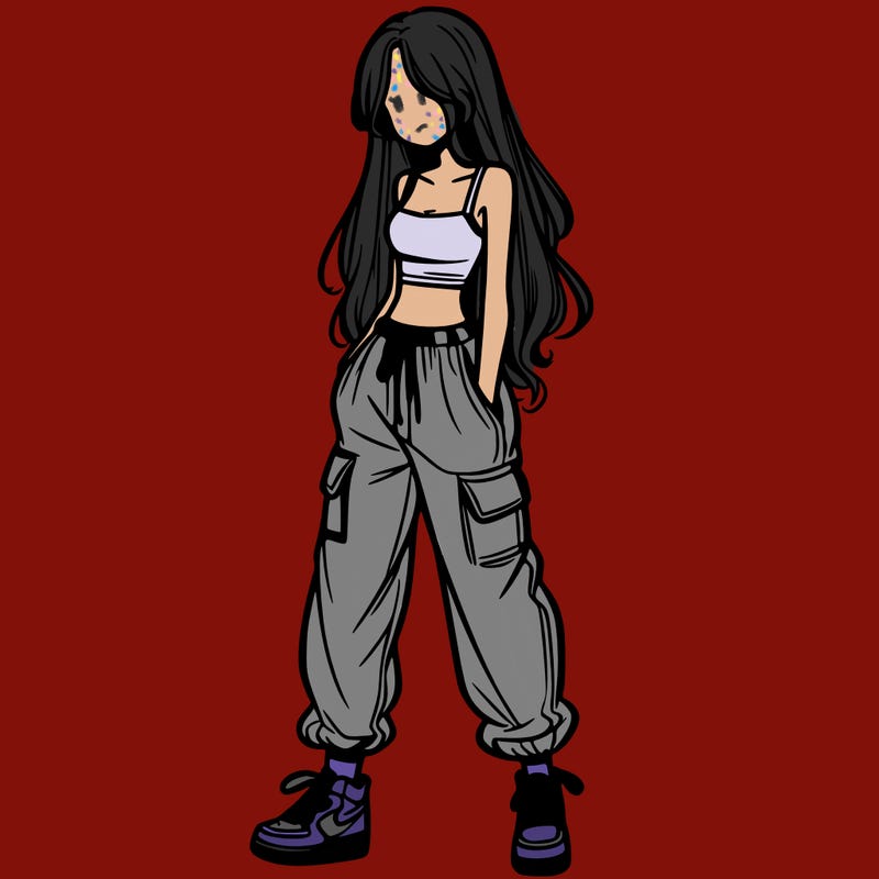 girl in baggy pants crop top and long hair