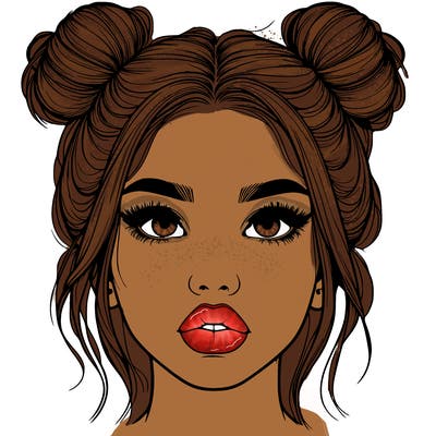 realistic girl with two buns on her hair and lips