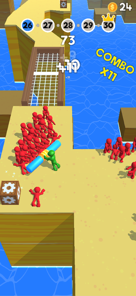 A green character using a large stick to push red enemies off a platform in Push'em all game.