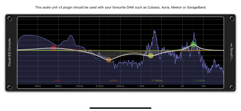 Interface showing the real-time spectrum analyzer and parametric EQ bands of the Visual EQ Console AUv3 plugin