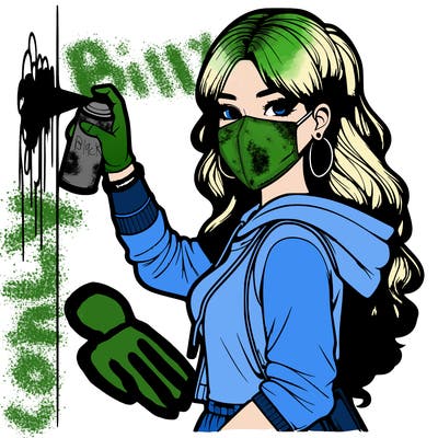 realistic girl with mask spray painting a wall