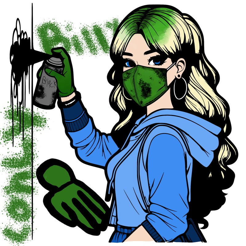 realistic girl with mask spray painting a wall