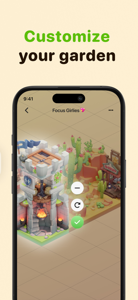 Focus Tree: Timer & Flashcards - A 3D isometric view of a customizable shared garden in the Focus Tree app featuring a medieval tower and desert-themed decorations.
