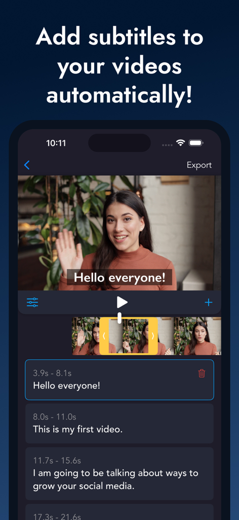 Translate Add Subtitles Video - 自動生成されたキャプションとタイムスタンプで動画が編集されている様子を示すモバイルアプリのインターフェース