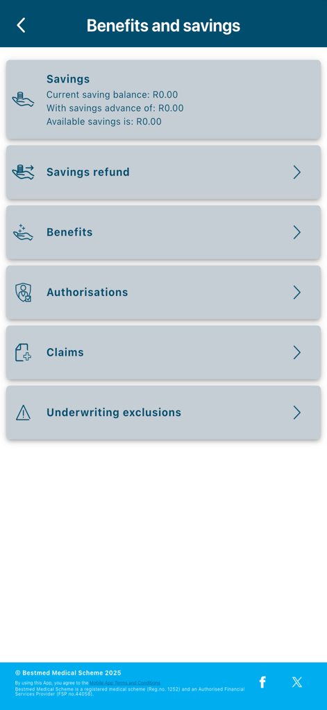 A screenshot of the Bestmed medical scheme app showing the benefits and savings dashboard with sections for savings balance refunds and claims