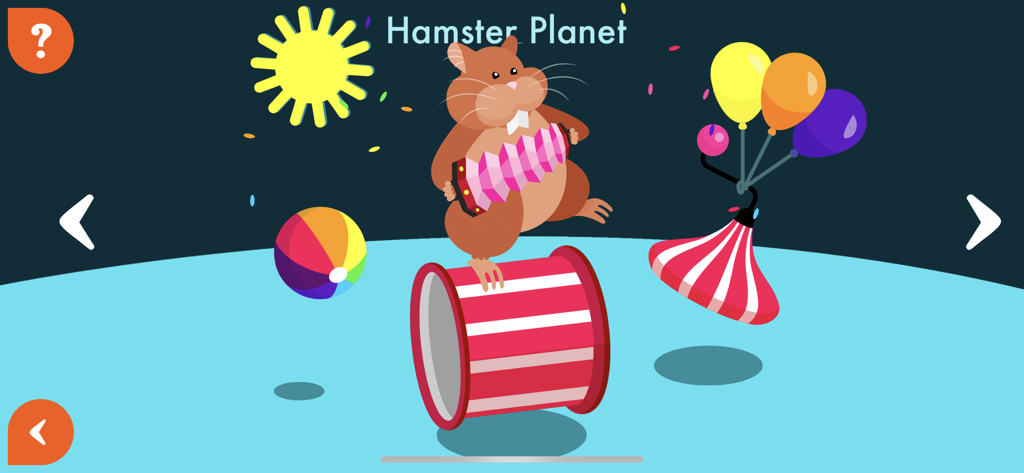 Music4Kids - A cartoon hamster playing an accordion on a level called Hamster Planet in the Music4Kids app