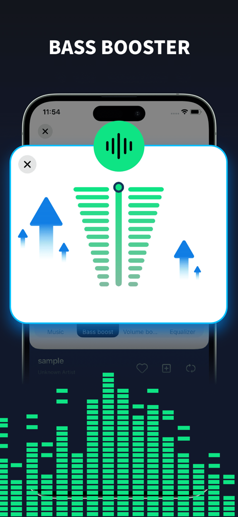 Bass Booster app interface featuring a green digital audio visualizer and bass enhancement controls on a smartphone.