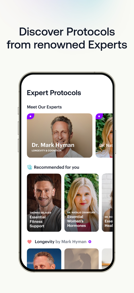 SuppCo: Supplement Scanner - Interfaccia dell'app SuppCo che presenta protocolli di integratori curati da esperti per la longevità e il fitness