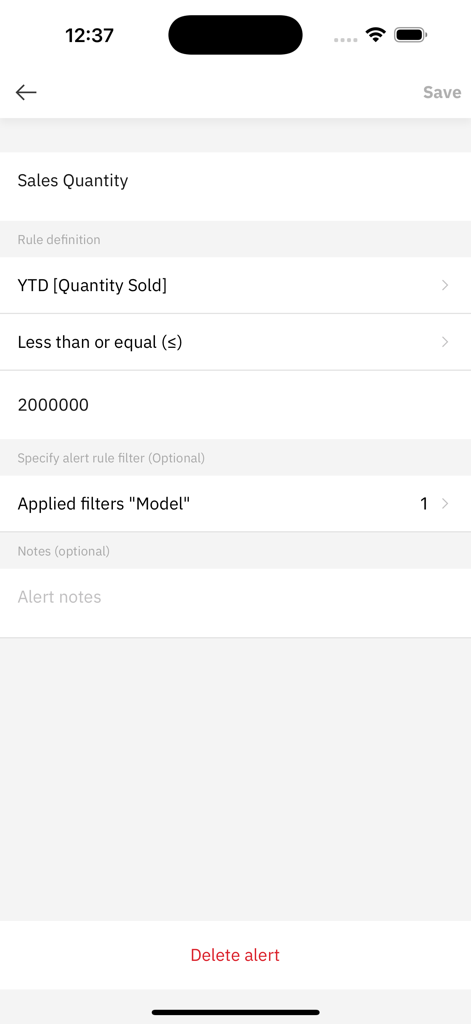 Interface mobile IBM Cognos Analytics pour configurer des alertes de données et des définitions de règles