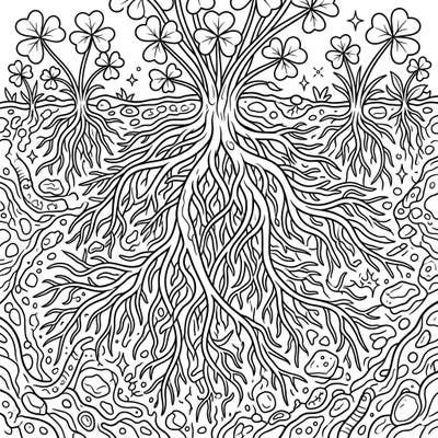 Delve into the hidden world beneath the earth with this captivating Shamrock Roots coloring page. Discover an intricate network of roots and soil, ready for your creative touch.