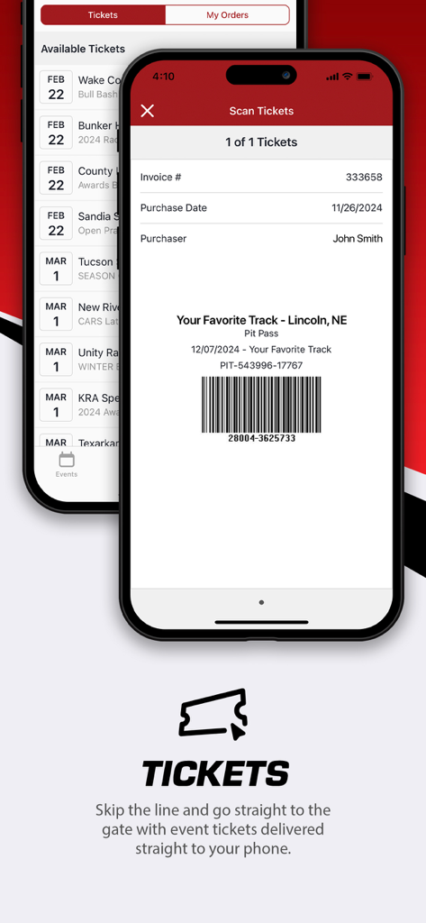 MyRacePass app showing a digital race track pit pass ticket with a barcode for entry