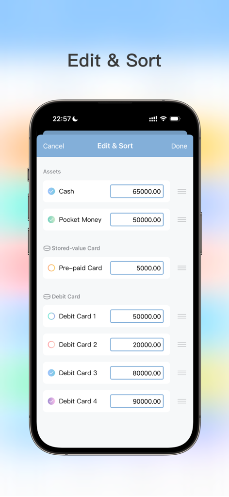 AssetMate: Asset & Installment - Interface do aplicativo AssetMate para editar e classificar ativos financeiros como dinheiro e cartões de débito