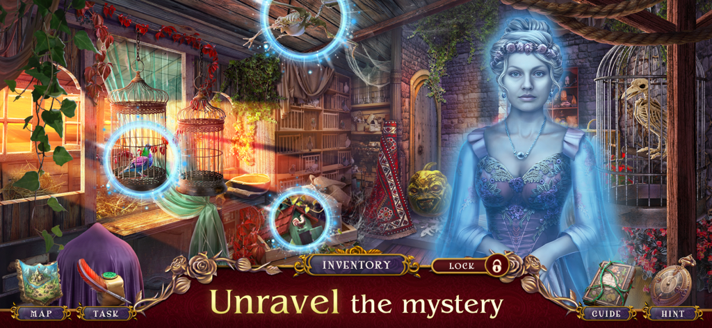 Cursed Fables 4: Find Objects - Una mujer fantasma se encuentra en una habitación misteriosa con objetos ocultos resaltados y jaulas para pájaros