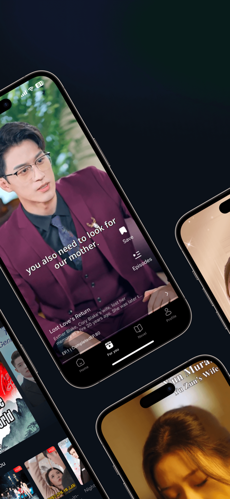 Micro Drama - Short Drama&Show - Un collage di schermate di telefoni cellulari che mostrano video verticali di drammi brevi e l'interfaccia dell'app