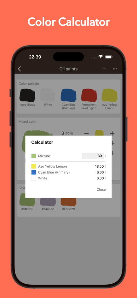 Real Color Mixer app interface showing precise paint ratios in the color calculator feature