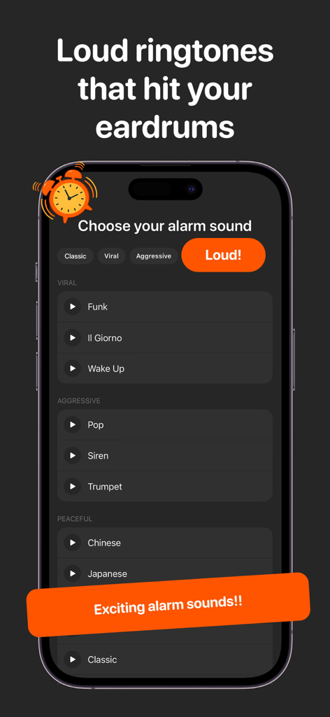 Wakey: Loud Alarm Clock - Pantalla de la aplicación Wakey que muestra una lista curada de tonos de alarma fuertes que incluyen opciones de sonido agresivas y virales