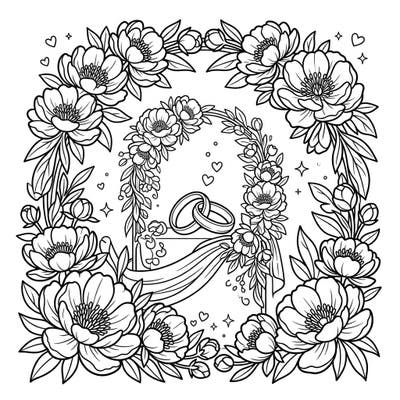Delight in the beauty of love with this exquisite coloring page featuring delicate peonies framing a romantic wedding scene. Perfect for celebrating special moments or simply enjoying a serene coloring experience.