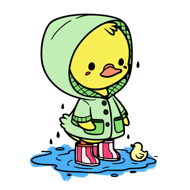 baby duck in a rain coat and boots, in a puddle while it’s raining