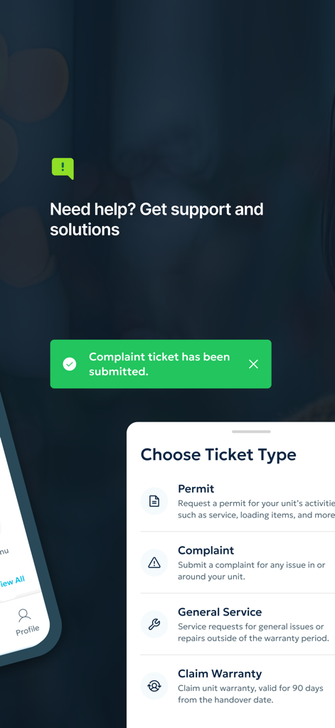 Interface do aplicativo Sedayu One City mostrando opções de tickets de suporte ao cliente como permissão, reclamação e serviço geral.