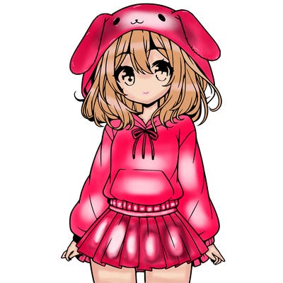 pretty anime girl wearing a fluffy hoodie with bunny ears on the hood and a skirt