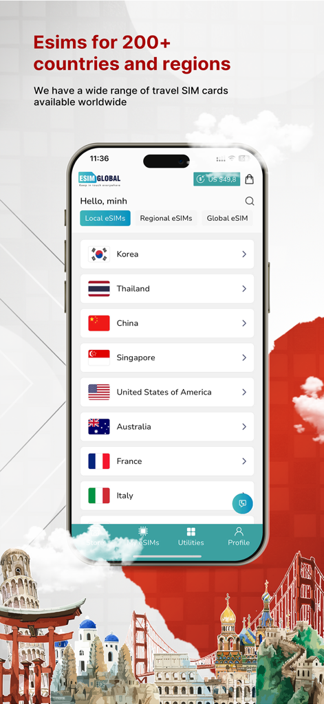 eSIM Travel & Internet Global - Interface de l'application eSIM Travel montrant les forfaits de données locaux pour plus de 200 pays, y compris la Corée, les États-Unis et l'Italie.