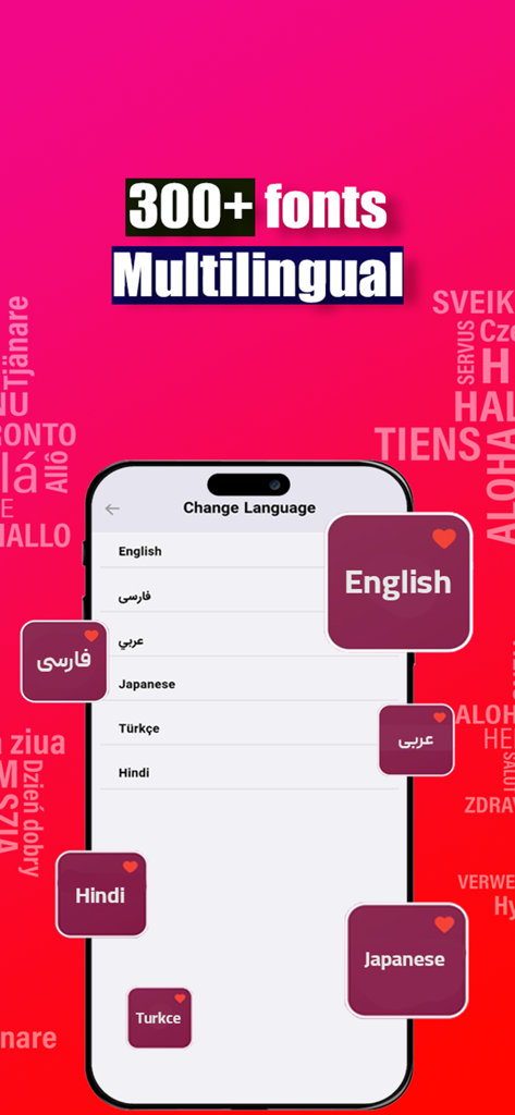 Smartphone screen showing Fonto app's language settings with support for over 300 fonts in multiple languages like English, Farsi, and Japanese.