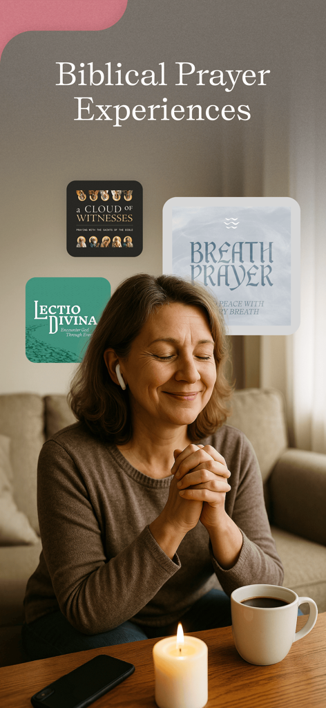 A woman praying with earbuds while listening to the Dwell Audio Bible app