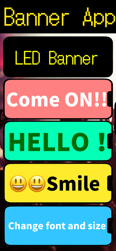 A collection of colorful digital banners on smartphones displaying various text styles, fonts, and emojis for concerts and communication.
