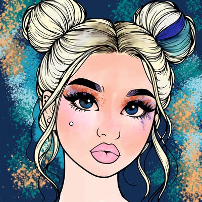 realistic girl with two buns on her hair and lips