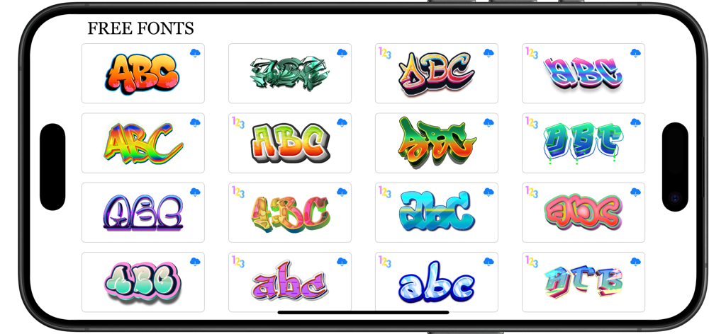 Graffiti Creator - AI Design - A library of diverse colorful graffiti font styles and tag designs in the app