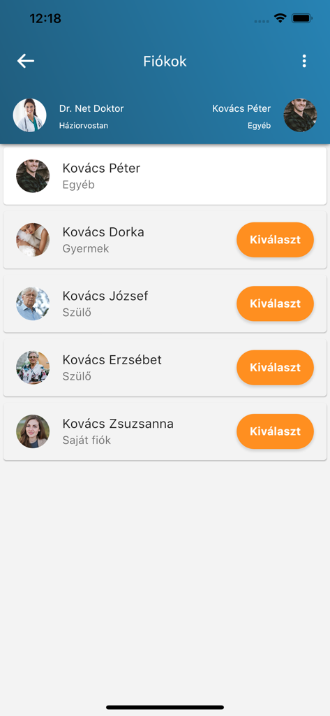 A screen displaying multiple family member profiles for integrated healthcare management within the NetDoktor Páciens app