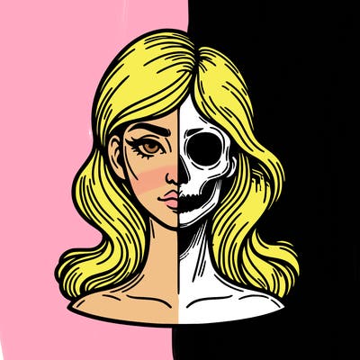 bust of a woman, half face and hair, half skull