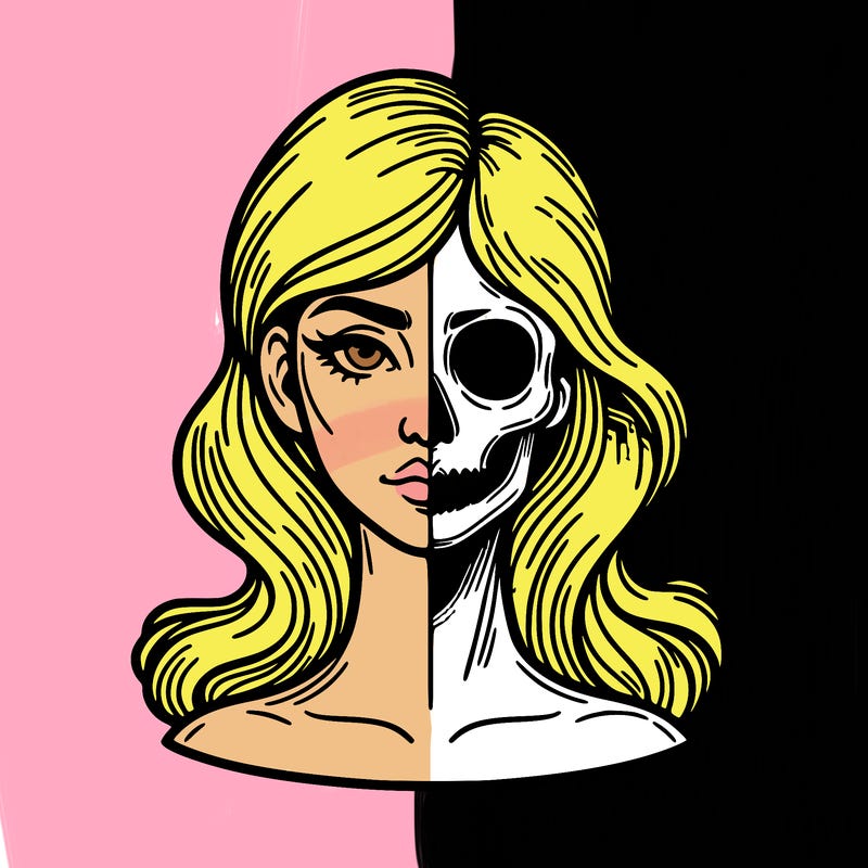 bust of a woman, half face and hair, half skull