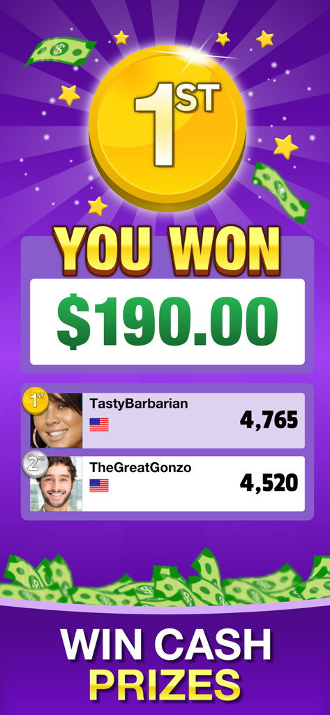 3 Word Cash - Win Real Prizes - Tela de vencedor mostrando um prêmio em dinheiro de 190 dólares e classificações do placar.